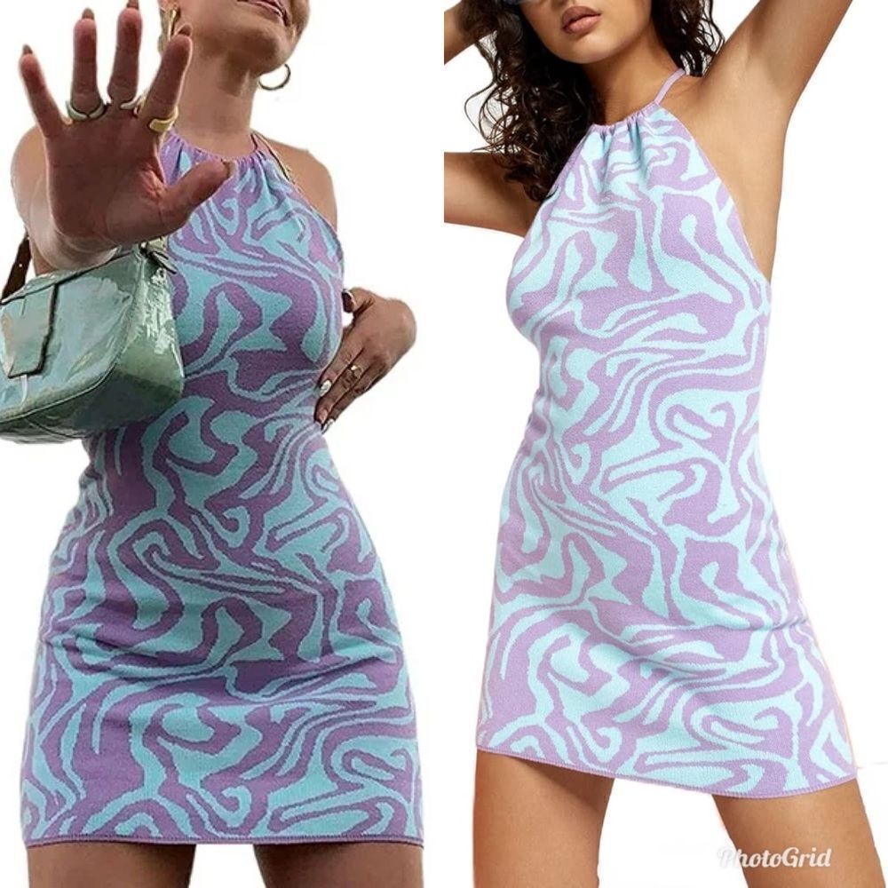 Revolve Miss Lola Lilac Swirl Knitted Bodycon Halter Mini Dress